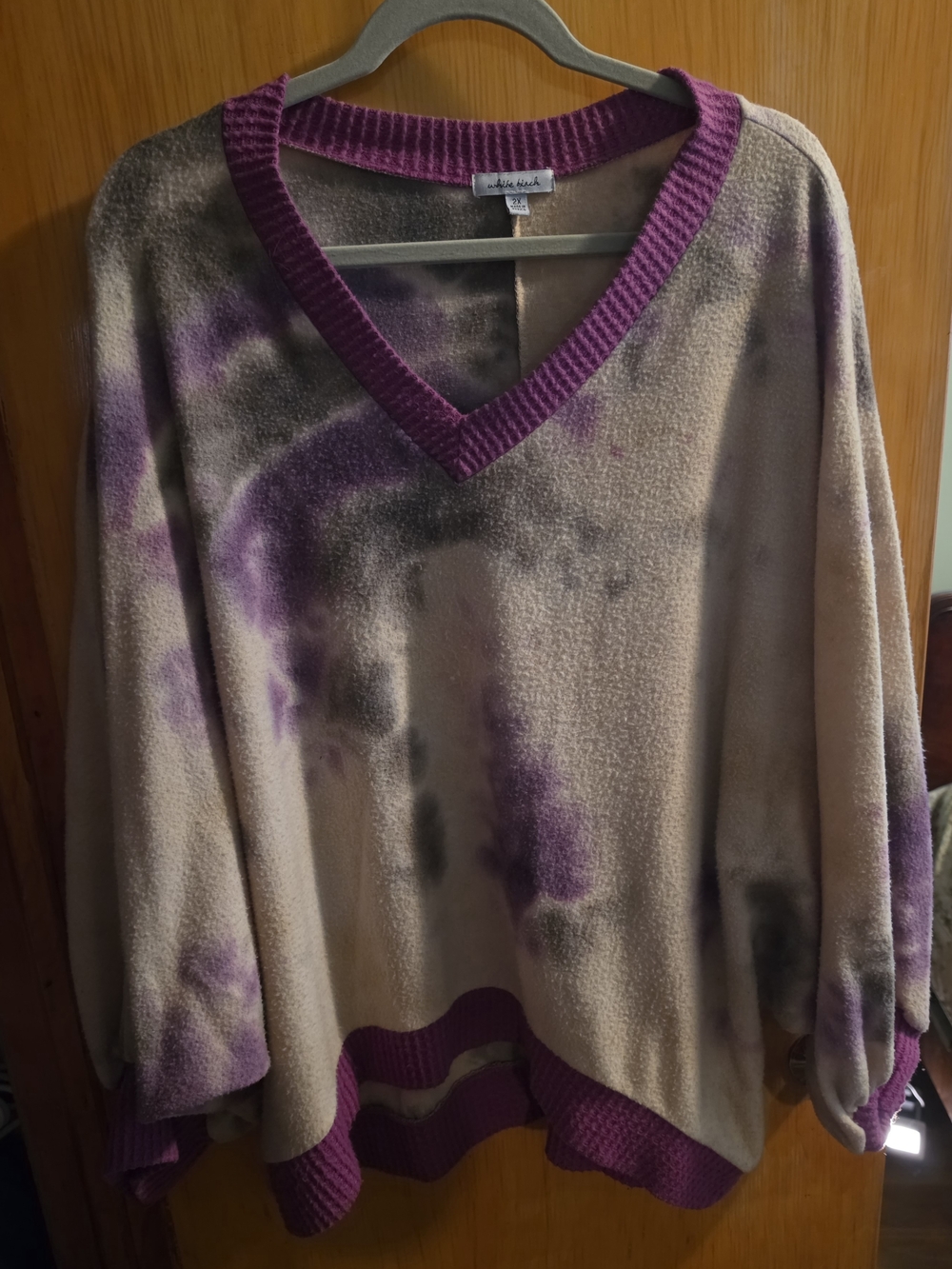 white birch Cream and Purple V-Neck Sweater with Tie-Dye Accents